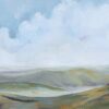 Oil painting of a wide landscape with rolling green hills and a pale blue, cloud-filled sky.