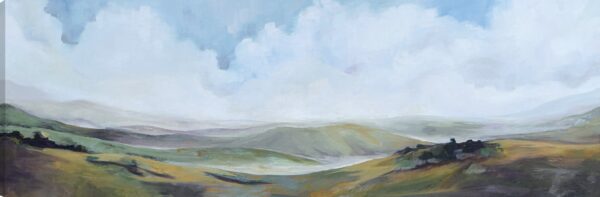 Oil painting of a wide landscape with rolling green hills and a pale blue, cloud-filled sky.